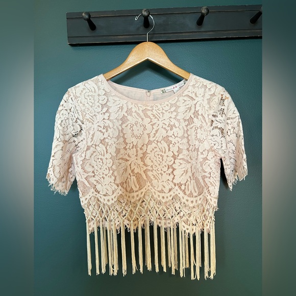 Chelsea & Violet Tops - Chelsea & Violet Light Blush Pink Cropped Lace Fringe Blouse Semi-Cropped Top